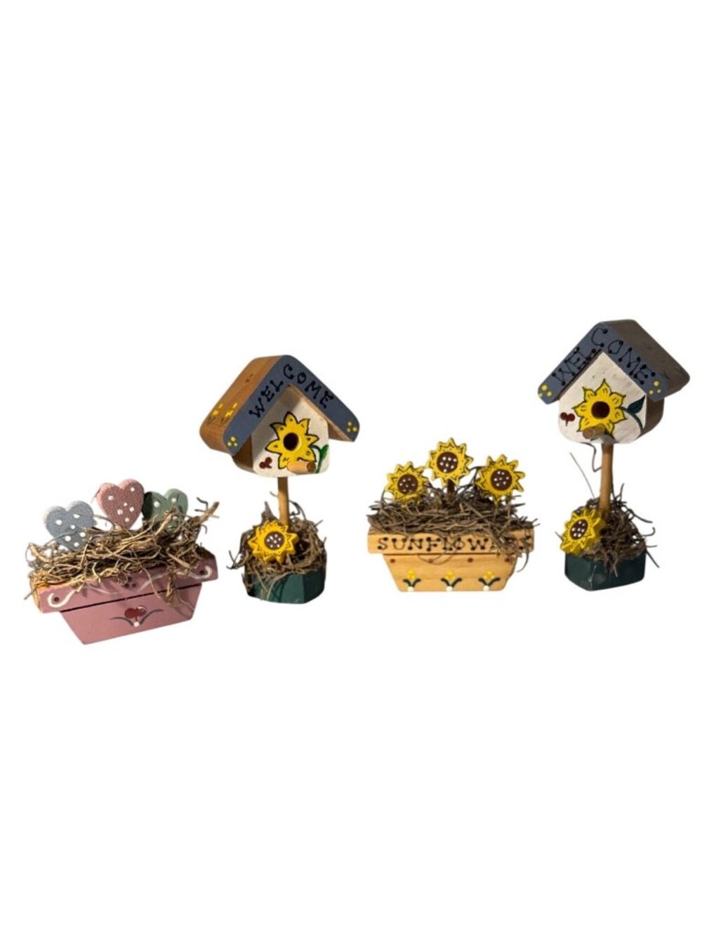 Wood Decorations Bird Houses Sunflower Heart Rustic Lot Of 4 Tole Paint Mini